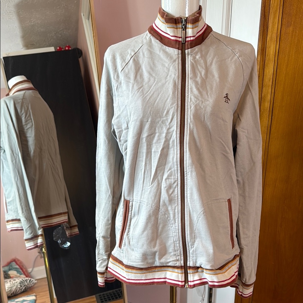 Original Penguin Cream and Brown Bomber Jacket with Stand-Up Collar